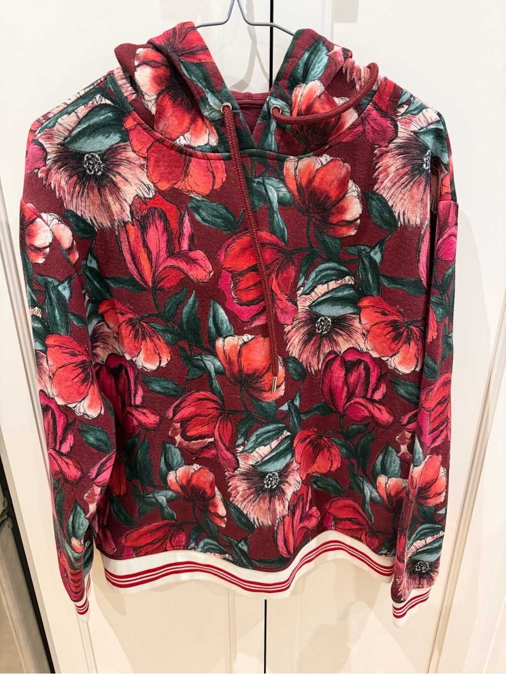 Sandro size small Red Floral Hooded Pullover Sweatshirt